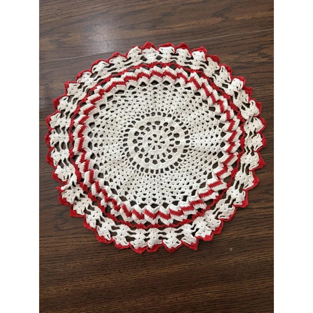 Vintage Red White Crochet Doily 11
